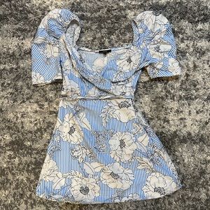 boutique floral, blue, and white dress